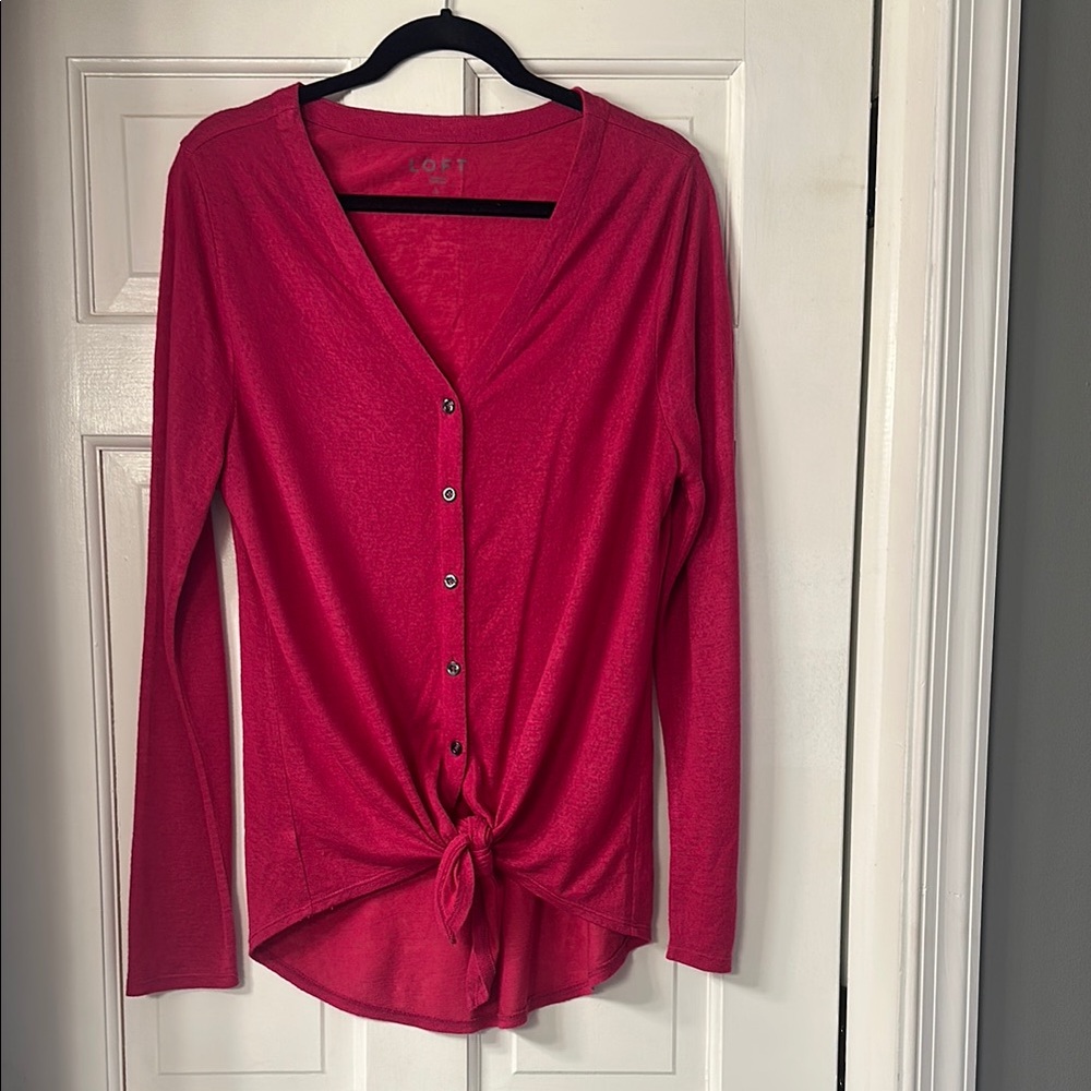 LOFT Pink Long Sleeve Button Down Shirt with Tie Front